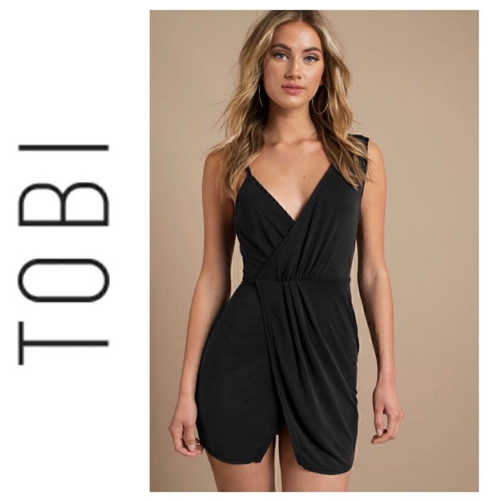 NWT Tobi Queen Elizabeth Asymmetrical Wrap Mini Dress in Black, Size Small
